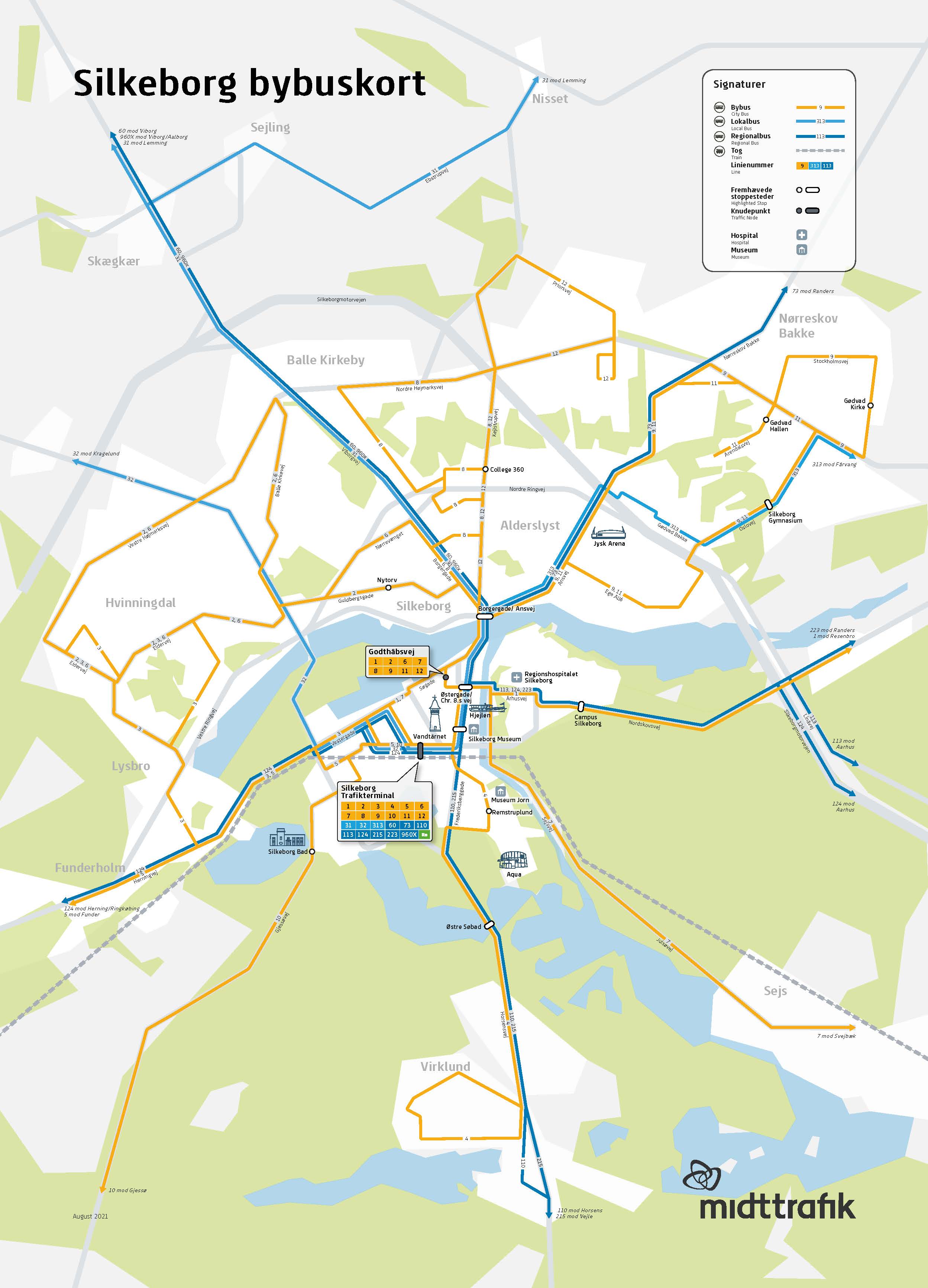 Rutekort over bybusserne i Silkeborg. Hvis du har brug for hjælp til at finde din nye rute, kan du ringe til os på tlf. 70210 230.