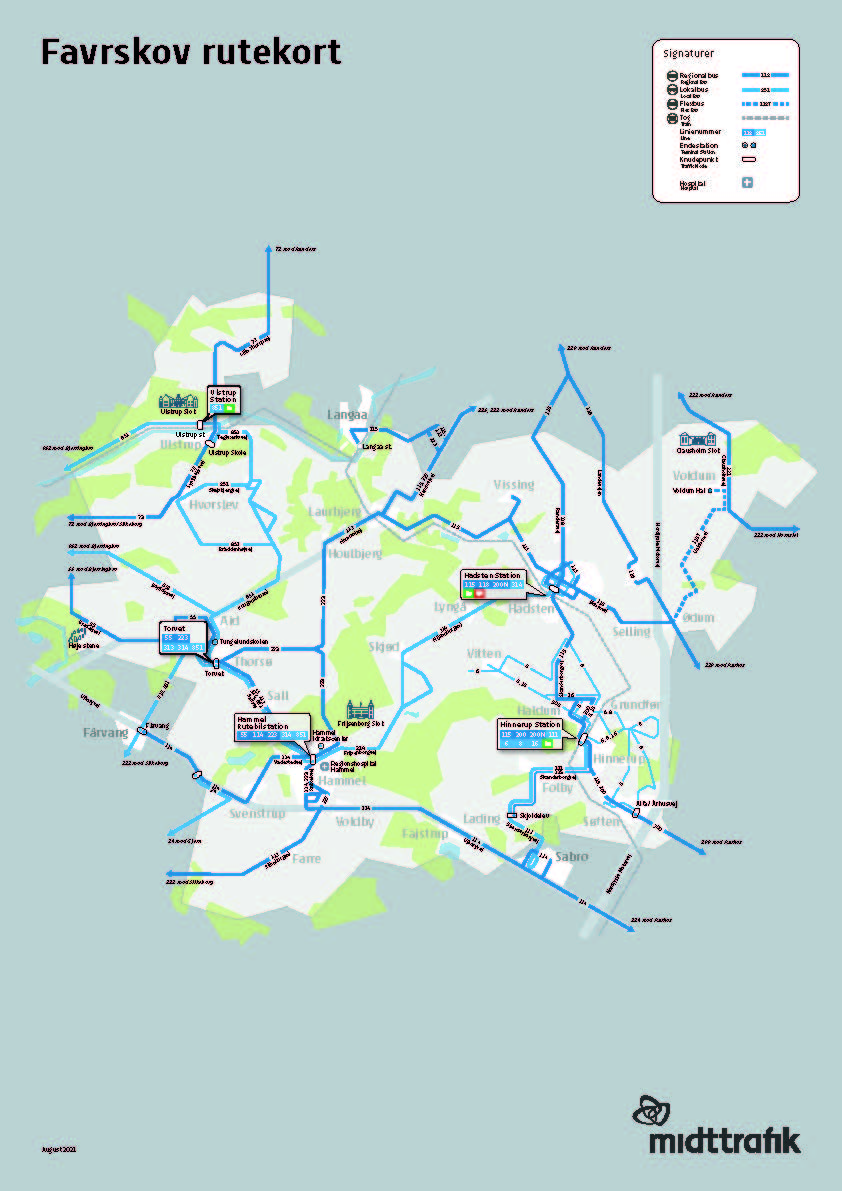 Rutekort over busserne i Favrskov kommune