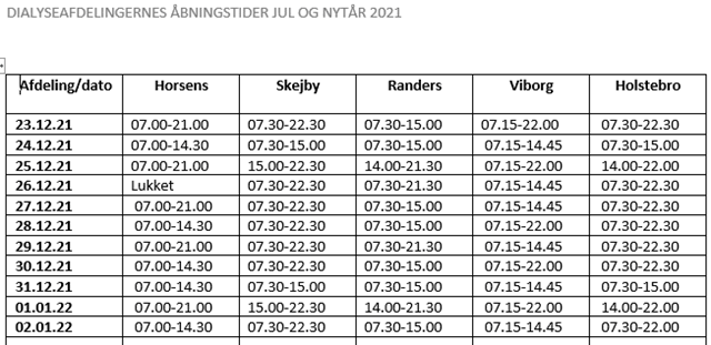 Dialyseafdelingernes åbningstider, jul og nytår