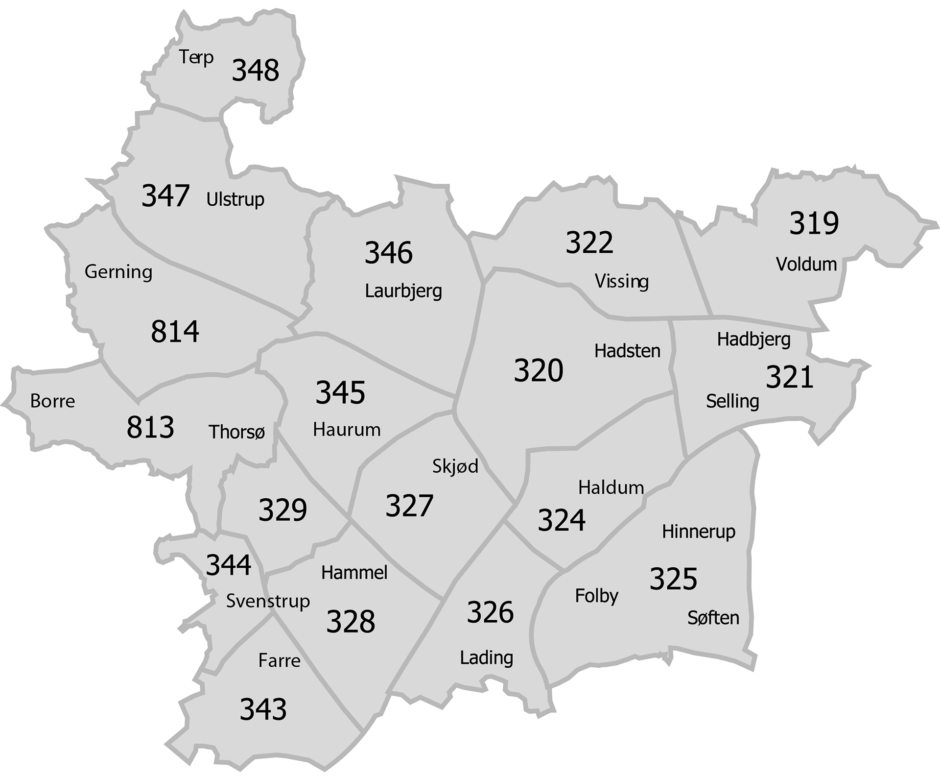 Kort over alle zoner i Favrskov Kommune.