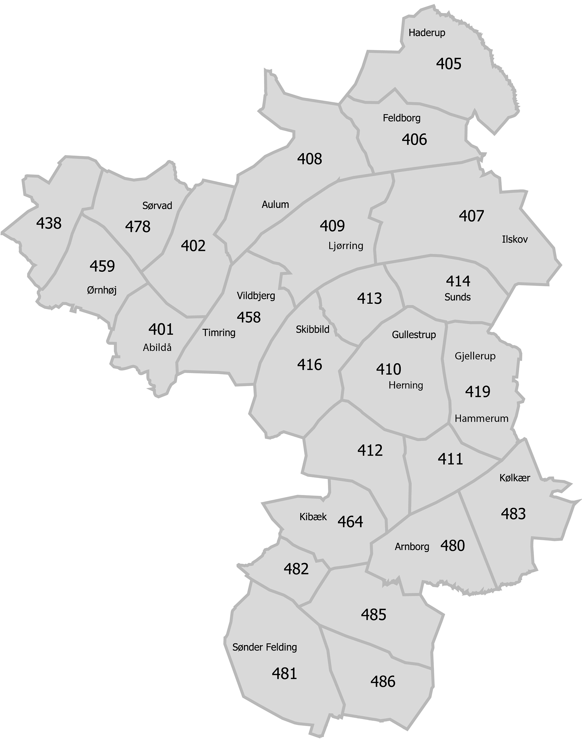 Kort over alle zoner i Herning Kommune.
