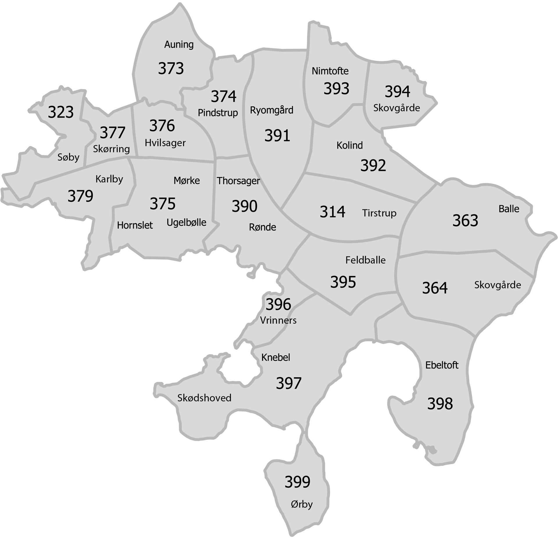 Kort over alle zoner i Syddjurs Kommune.